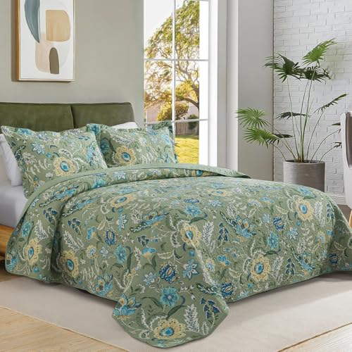 BEDIFANY Farmhouse Queen Quilt Bedding Set - Cotton Lightweight Bedspread with Floral Pattern, 90x98 Inch All Season Coverlet Set, 3 Piece (Quilt + 2 Pillow Shams)