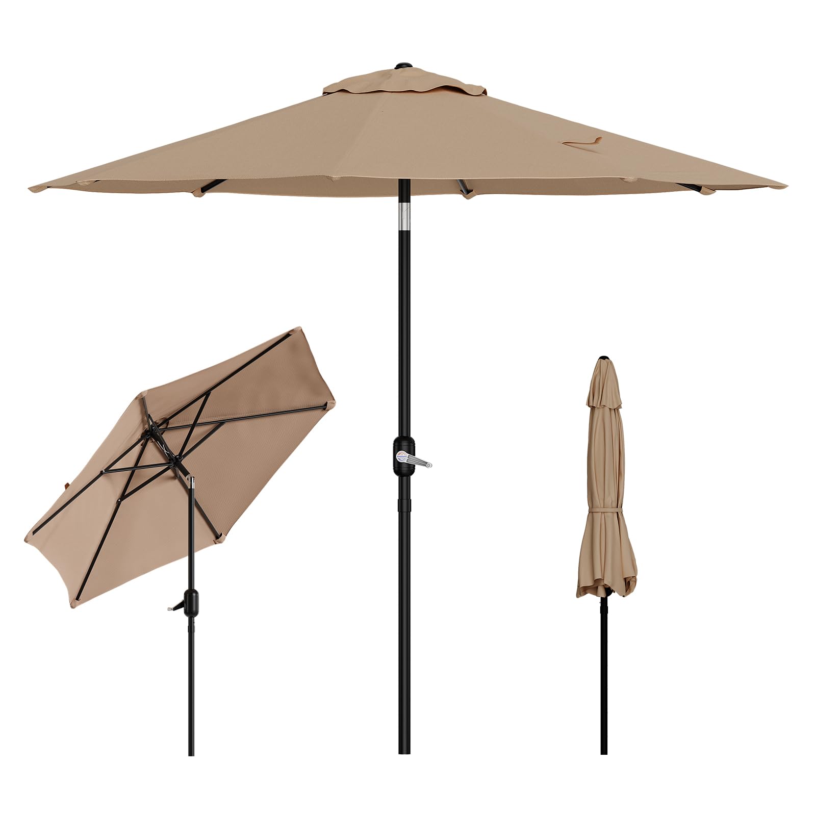 Garvee 2.15M Brown 2.15M Tilting Parasol, Crank & Tilt Patio Umbrella With 6 Sturdy Ribs, Upf50+ Polyester Canopy Outdoor Sun Shade With Steel Frame, Table Market Yard Umbrella For Garden Balcony Deck Backyard -A