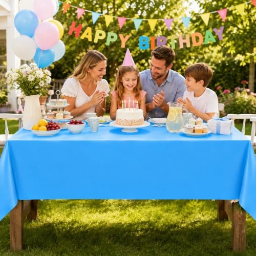Image of WNINK 3 Pack Sky Blue Plastic Tablecloths, 54 x 108 Inch Disposable Covers | Ideal for Baby Showers, Birthdays, Gender Reveals and Pool Parties, Protect Tabletops from Spills and Simplify Cleanup