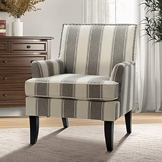 FABRICATION HAUS Living Room Armchair Comfy Accent Occasional Chair Modern Vanity Chair with Padded Cushion & Wooden Leg for Lounge, Bedroom, Reading, Stripe Grey