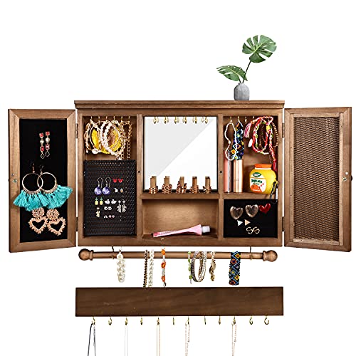 Urban Deco Rustic Wall Mounted Jewelry Organizer Hanging Jewelry Cabinet Wooden Necklace Holder For Women Large Earring Holder For Girls Wall Jewelry Organizer With Mirror Vintage Jewelry Box (Brown)