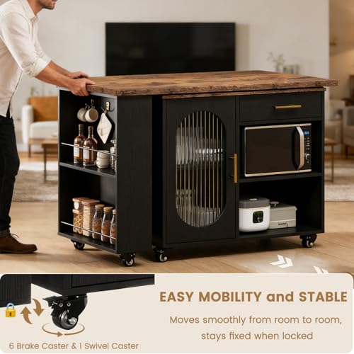 Image of HSH 71 inch Rolling Kitchen Island with Storage Seating on Wheels, Rustic Brown | Mobile Island Cart With 360 Swivel Tabletop, With Power Outlet, Storage Cabinet, Open Adjustable Shelves Fit In Microwave