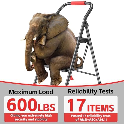 step ladder foldable folding stool - for home adults kitchen 2 stepping extension tall heavy duty with handrails - closet stepstool stair ladders extendable stepladder for indoor house 600lbs red 2 step