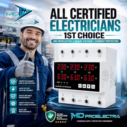 Image of MD Proelectra 3 Phase Automatic Over Under Voltage Protector 63A with Over Current, Phase Loss, Phase Imbalance, Phase Asymmetry & Incorrect Phase Sequence Protection, Auto Reconnect, 220VAC