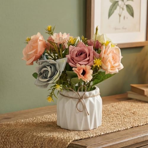 Image of Dekorly Artificial Lavender Plant in White Pot, 18cm - Realistic Faux Flower Arrangement for Home & Office Decor (Set of 1) (1, Rose)