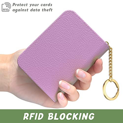 Image of Aiawoxc Credit Card Holder for Women, Small RFID Wallet Slim Leather Business Card Organizer Case with Zipper and Keychain, Purple