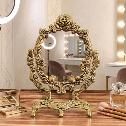 Image of KridayKraft Vintage Gold Rose Tabletop Makeup Mirror, Decorative Vanity Mirror with Ornate Floral Frame, 12-Inch Standing Mirror for Bedroom or Dressing Table