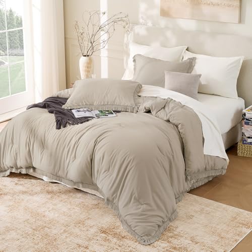 Image of Andency Oatmeal Comforter Set Twin Size, 2 Pieces Boho Tassel Lightweight Bedding Comforter Sets, All Season Soft Fluffy Fringe Bed Set (66x90In Comforter & 1 Pillowcase)