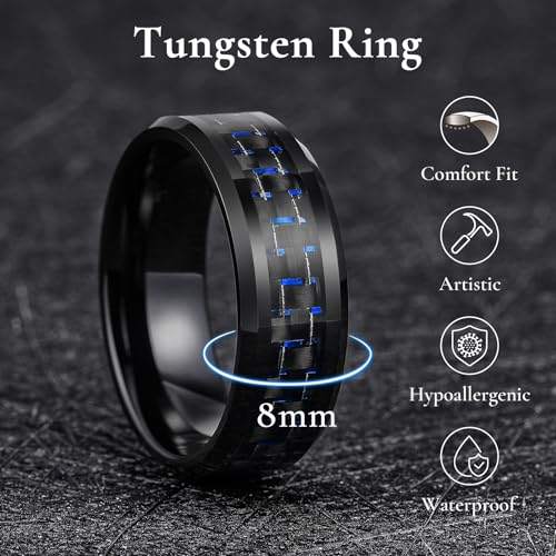 King Will 8mm Mens Tungsten Wedding Rings Carbon Fiber Plaid Inlaid Polished - Image 3