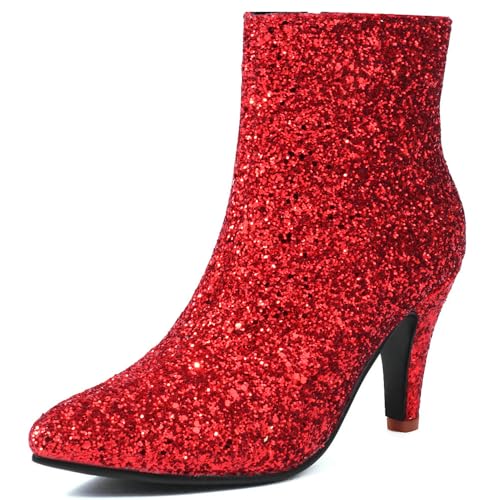 UniqueStride Women's Sequin Glitter Ankle Boots Sparkly Kitten Heel Boots Pointed Toe Dress Party Wedding Booties with Zipper