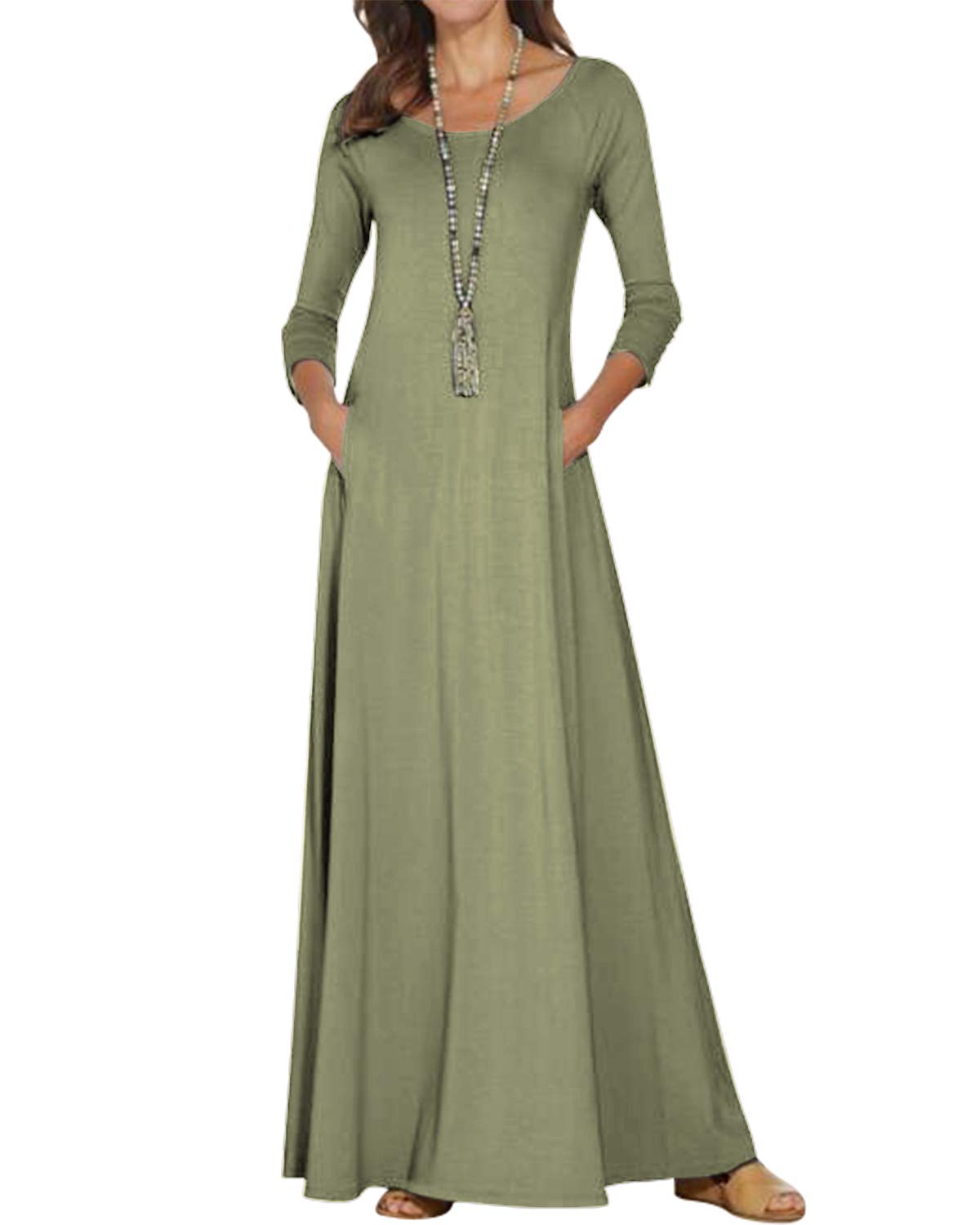 Jacansi Women's Cotton 3/4 Long Sleeve Maxi Dress Casual Home Dress Pocket Oversize
