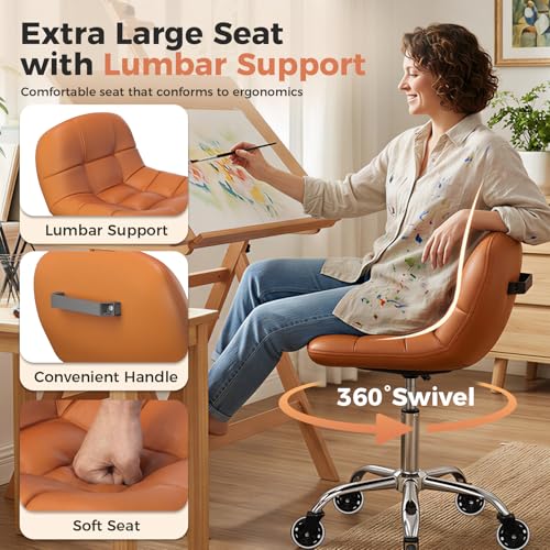 Image of Rolling Stool Chair with Wheels, Height Adjustable Stool with Back Support, Office Drafting Chair with PU Leather Cushion for Home Office Kitchen Vanity Salon Garage Tattoo Dentist Esthetician(Camel)