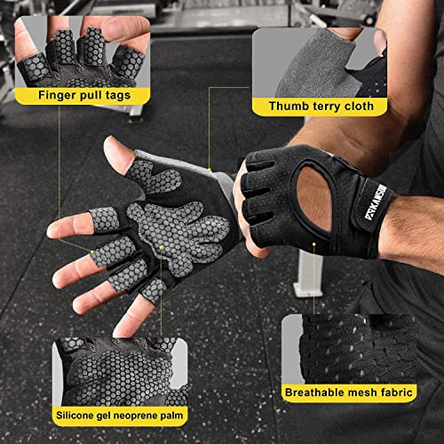 Breathable Workout Gloves, Knuckle Weight Lifting Fingerless Gym Exercise Gloves with Curved Open Back, for Powerlifting, Crossfit, Women and Men (Black, Large)