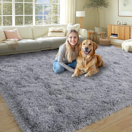 KING DARE Grey Fluffy Area Rug 8x10, Ultra Soft Large Shag Living Room Rug Fuzzy Carpet, Non-Slip Plush Modern Floor Rug for Kids Boys Girls Room Bedroom Home Decor Aesthetic