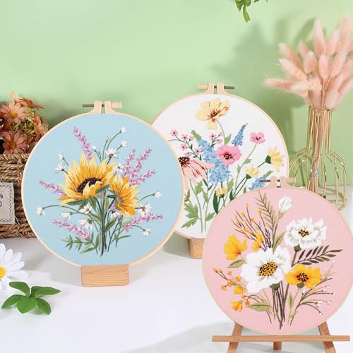 Image of Ohcol 3 Sets Embroidery Kit,Cross Stitch Kits Needlepoint Kits for Adults Beginner,Needle Point Kits with Washable Pre-Printed Floral Pattern,Hoops,Women DIY Hand Crafts