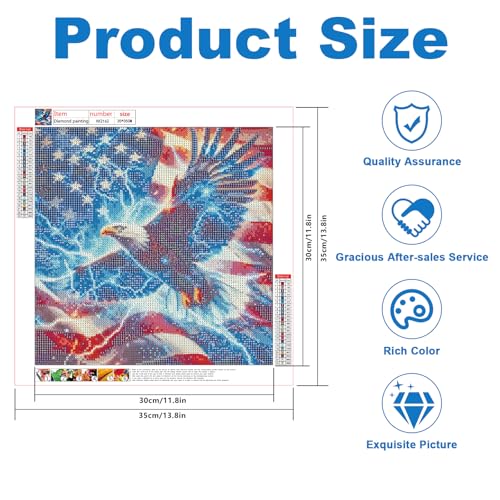 Image of 4th of July 5D DIY Diamond Painting Kits for Adults, American Flag Eagle Lightning Diamond Art Kits for Adults, Patriotic Full Round Drill Gem Painting Art Kits Wall Decor 13.8x13.8 Inch