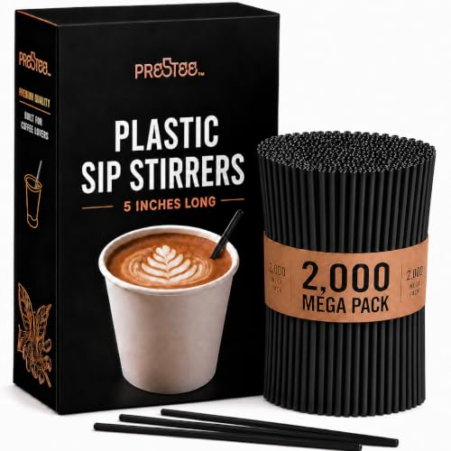 Prestee Plastic Coffee Stirrers, 2000ct, 5" - Plastic Straws, Drinks and Coffee Stir Sticks, Cocktail Swizzle Sticks, Disposable Stir Stick, Drinking Straws for Cocktails (Black)