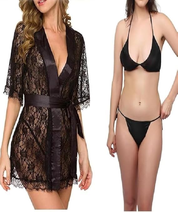 Women’s Black Lace Robe with Bikini Set | 3-Piece Lingerie Nightwear | Sheer Lace Kimono with Satin Belt + Bikini Top & Bottom-image-25