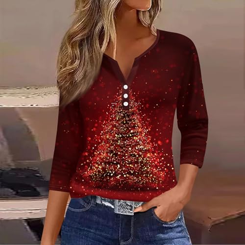 Image of Women Christmas Shirt 3 /4 Length Sleeve Henley Tops Xmas Outfits
