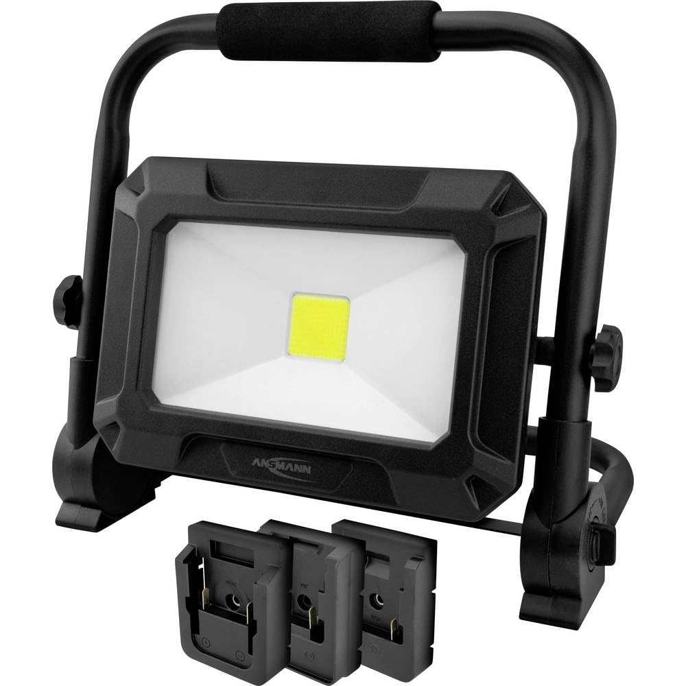 ANSMANN Lampa robocza LED, kompatybilna z akumulatorami 18 V, w zestawie płyty adaptera do Bosch, Makita, Milwaukee/Dewalt, wytrzymały reflektor budowlany do warsztatu, na plac budowy 50 W, 3 poziomy