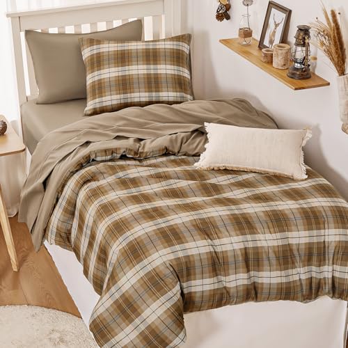 Image of Wake In Cloud - Plaid Comforter Set, Scottish Tartan Check Geometric Modern Pattern Printed, Soft Lightweight Bedding, 3 Pieces, Brown, Twin /Twin XL Size