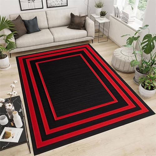 Tapete geométrico moderno 3x4 pies, negro con borde rojo miniatura 3