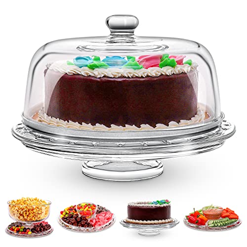 Homeries Glass Multi-Functional Cake Stand with Lid, Large Cake Display Stand & Dome - 6 in 1 Serving Platter