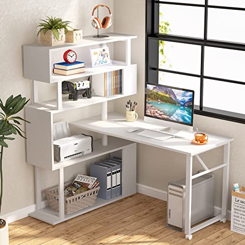Tribesigns Rotating Computer Desk With 5 Shelves Bookshelf, Modern L-Shaped Corner Desk With Storage, Reversible Office Desk Study Table Writing Desk On Wheels For Home Office (White) #TOP6