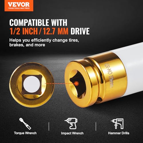 Image of VEVOR 9-Piece Lug Nut Impact Socket Set 1 /2 Inch Drive, Metric and SAE, 6-Point, CR-MO, Deep Wheel Protector Impact Socket Set With Storage Case and Extension Bar for Auto Repair