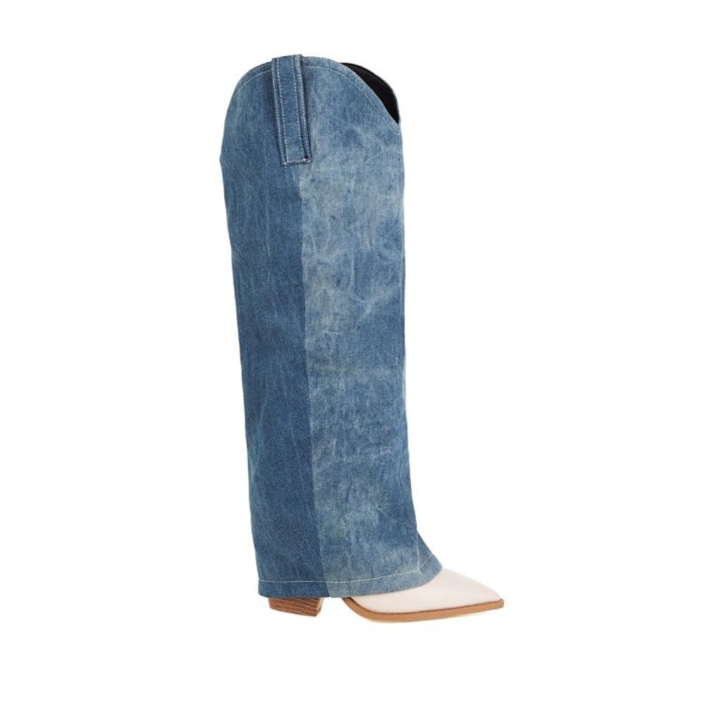 Cowboy Boots for Women Knee High Western Boots Embroidery Cowgirl Pull-On Pointy Toe Wide - Plus Size Neutral