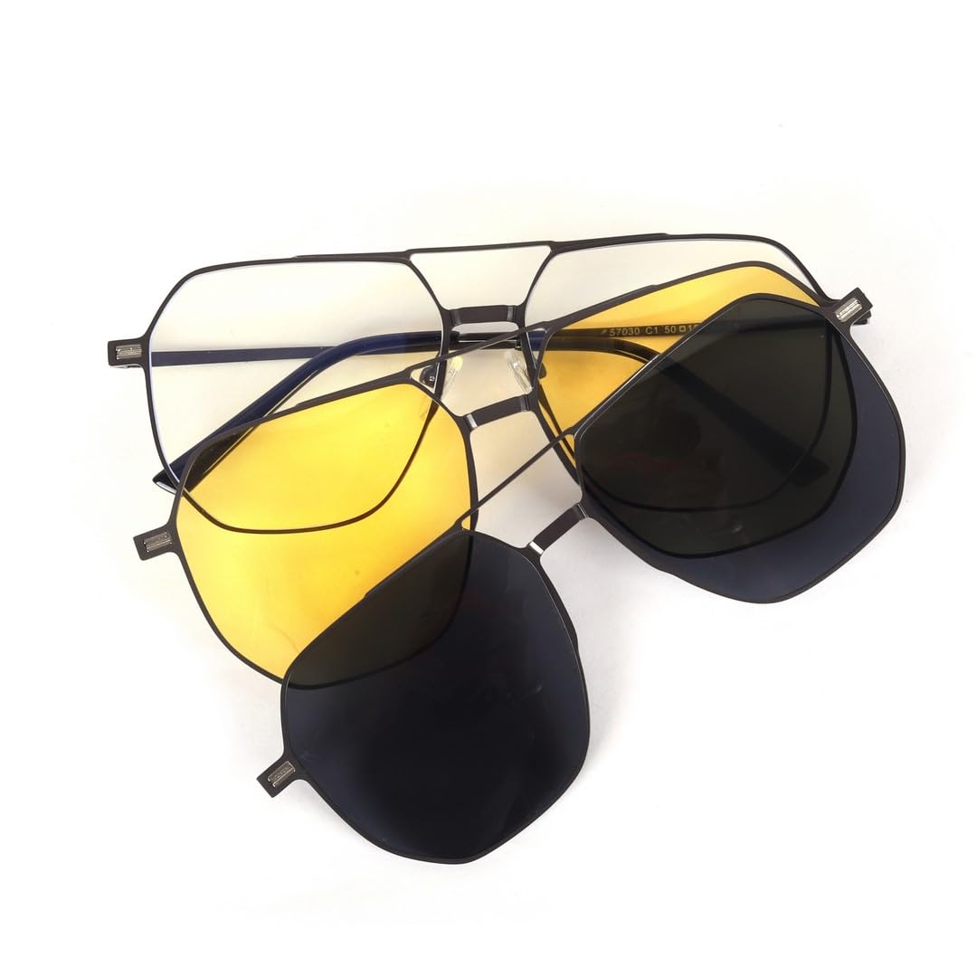 Unisex Polarized Clip on Sunglasses | Hexagonal Spectacle Grey Frame Non-Spring Hinges & 3 in 1 Magnetic Attachment Sunglasses for Men & Women