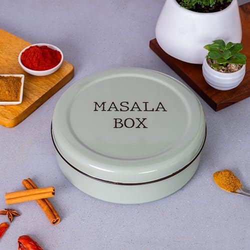 Image of Metallure Home Modern Stainless Steel Masala Box | Masala Dabba with 7 Containers and Spoon | Kitchen Spice Storage Container | Masala Dani (Spoon Included) | Handcrafted Aesthetic Design (Green)