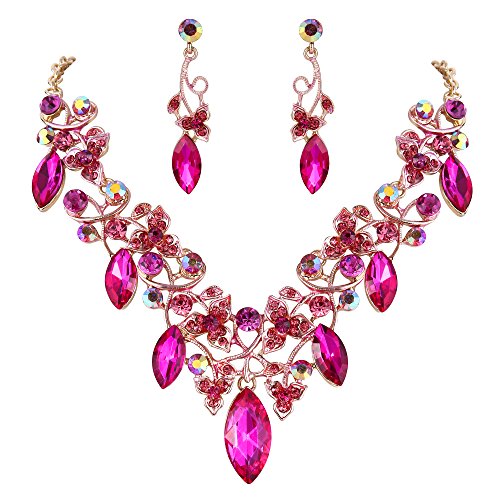 BriLove Costume Fashion Necklace Earrings Jewelry Set for Women Crystal Floral Vine Leaf Statement Necklace Dangle Earrings Set Fuchsia Gold-Toned