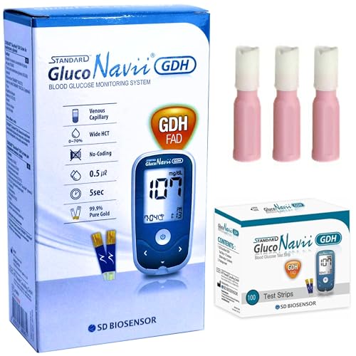 Image of Standard GlucoNavii GDH Blood Sugar Monitor - Complete Diabetes Testing Kit with Glucose Monitor, 100 Test Strips, 100 SD Biosensor Safety Lancets & Case - Code-Free Blood Glucose Monitors for Accurate Diabetic Monitoring (GlucoNavii mmol /L + 100 (PSL + Strips))