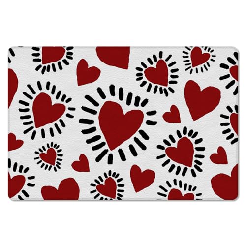 Red Love Kitchen Bath Door Mat Cushioned Runner Rug,Washable Welcome Floor Sink Antifatigue Mat,Waterproof & Non-Slip Comfort Standing Doormat,Valentine's Day Sweet Heart Holiday Black White 18