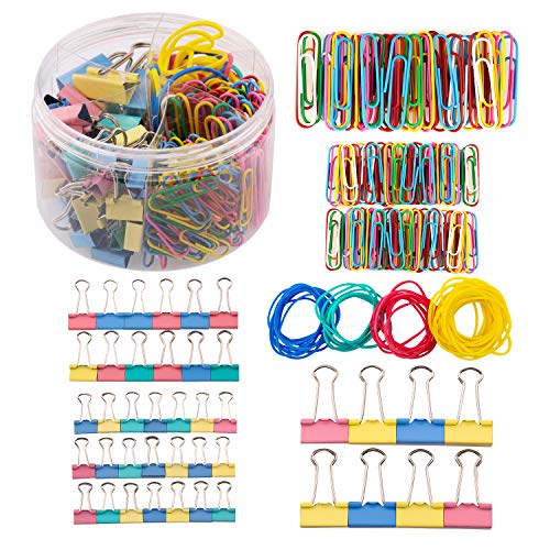 AIEX 240pcs Paper Binder Clips Metal Paper Clamps Assorted Sizes Colored Rubber Bands Paper Clips Paper Fasteners with Storage Box