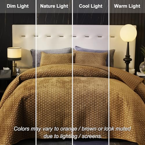 Powdion Velvet Quilt Queen, Oversized Bedspread Quilted Bedding Set, Luxurious Soft Coverlet Set Lightweight Velvet Comforter with 2 Pillow Shams, Gold Caramel, Cross Stitch Striped Quilt Queen