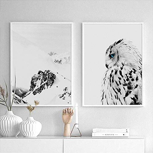 Toile hibou blanc montagne pour habiller un grand mur vide et créer une décoration salon moderne