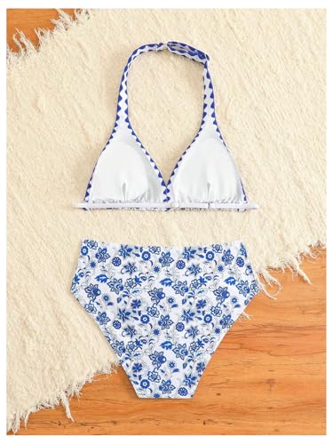 Image of BEAUDRM Girl's 2 Piece Floral Print Swimsuits Halter Triangle Bikini Boho High Waisted Bathing Suit