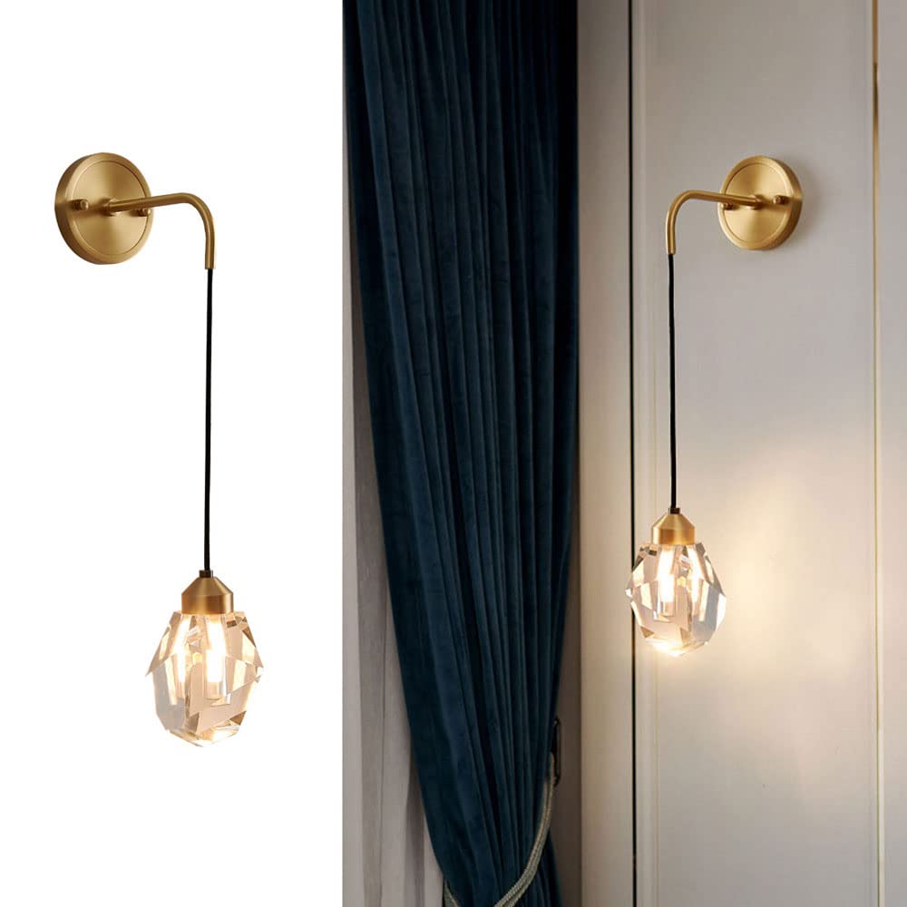 HXYSXHJUO Brass Wall Sconce Lamp With Geometric Crystal Shade Copper Wash Light Indoor Lamps G9 Lighting Fixtures For Living Room,