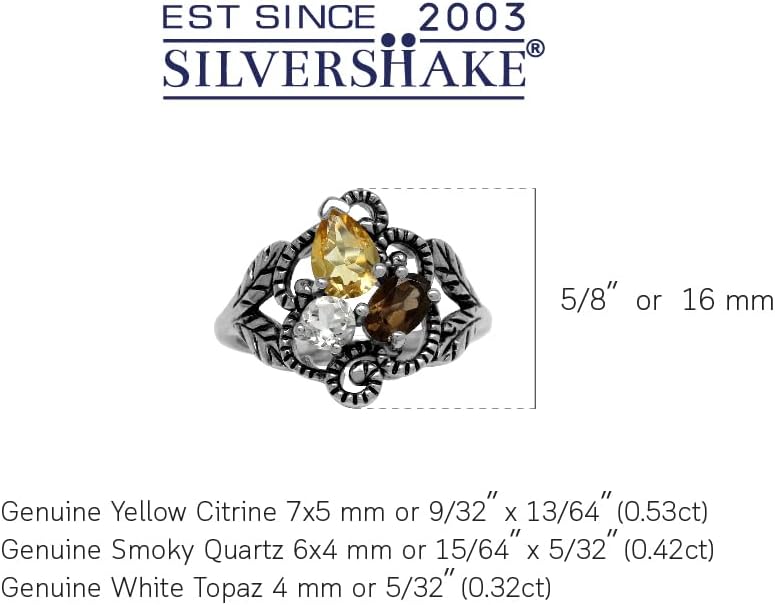 Silvershake Natural Citrine Smoky Quartz and White Topaz 925 Sterling Silver Vintage Style Leaf Ring