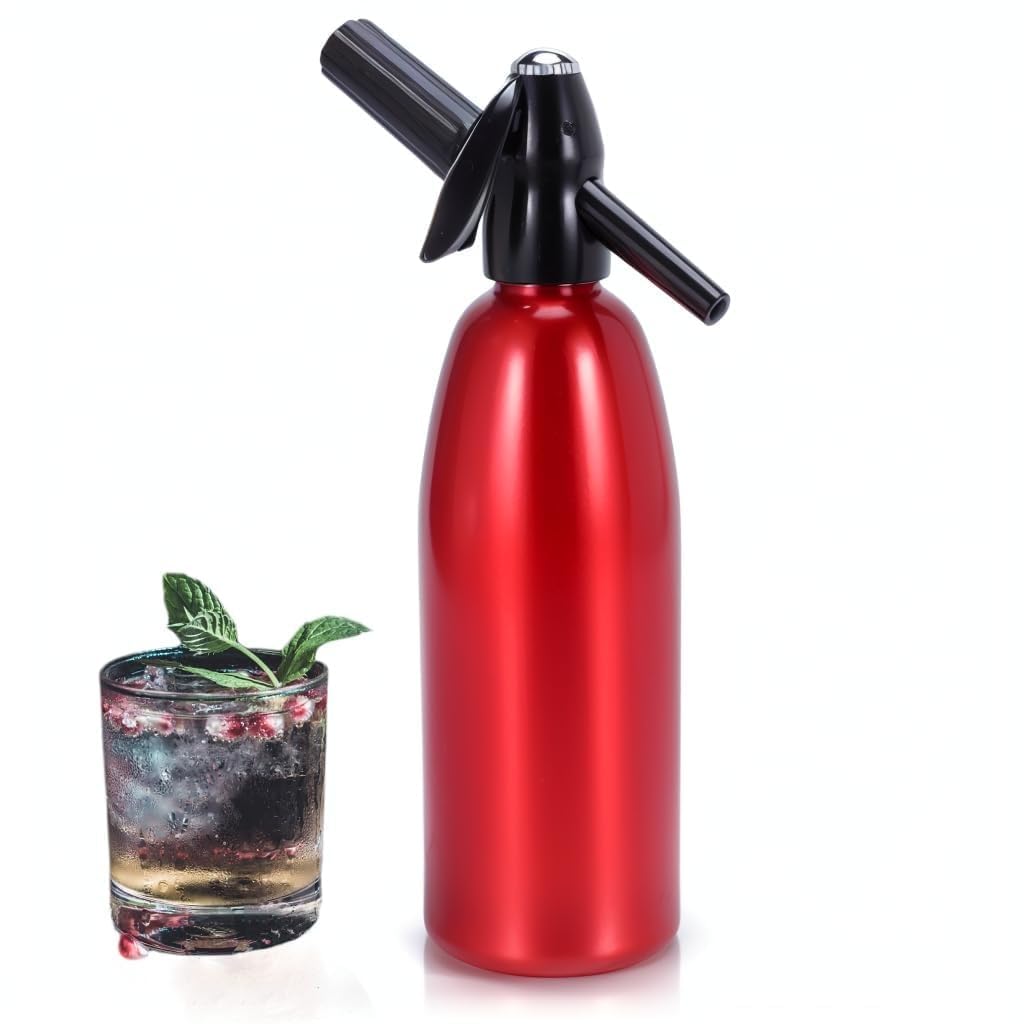 Sparkling Water Maker, 1L Soda Siphon, Aluminum Soda Makers for Home, Portable Water Maker for Soda Water, Cocktails or Soda Water, Use 8 gram CO2 Cartridges(Not Included) (Red)