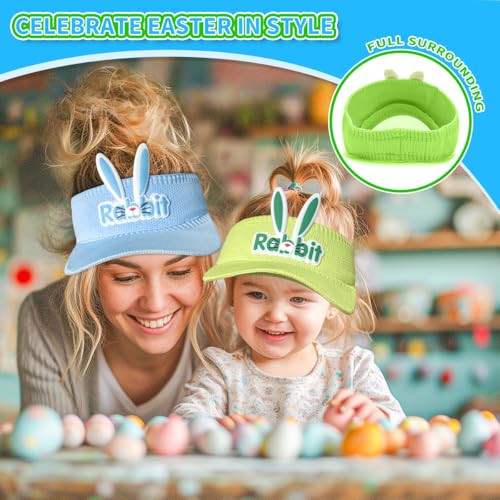 Kids Toddler Sun Visor Hat 2 Pack – Boys & Girls Summer UV Protection Hats for Beach, Park, Outdoor Play – Breathable Knit Sun Hat (Bunny Ears Blue + Green)4