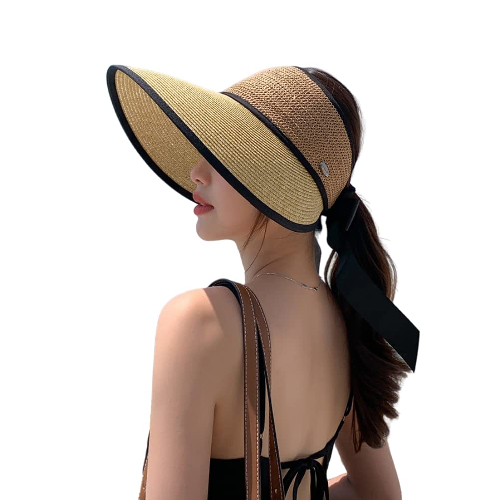 Sombrero de visera solar, visera plegable de paja para mujer, protección solar, ala ancha, lazo vacío, transpirable, sombrero de playa de verano, paja de ala ancha para mujer