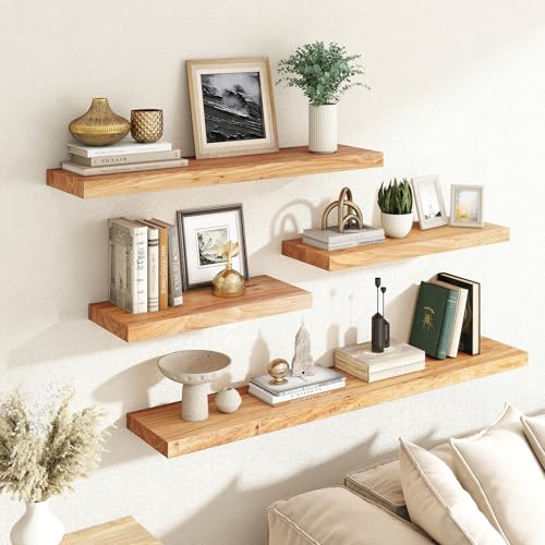 Image of RICHFOCUS Elm Floating Shelves for Wall - 30 inch W x 9.3 inch D Rustic Solid Wood Shelves with Invisible Bracket, Wall-Mounted for Living Room, Bedroom, Kitchen Storage & Display, Set of 2, Natural