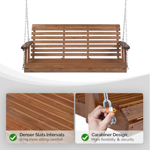 Image of VINGLI 5 FT Outdoor Porch Swing, Upgraded XL Size Seat Depth & Back Height Wooden Patio Swing, Heavy Duty 880 LBS Front Hanging Swing for Yard, Tree, Balcony (Brown)