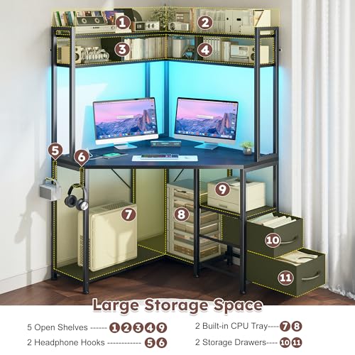 Image of DurayLoly 63 inch Triangular Corner Desk with Hutch,Ample Storage for Small Room,Spacious 36 inch W Desktop,2 Fabric Drawers and Bottom Wooden Shelves,Versatile Computer Desk that Meets All Your Needs,Black