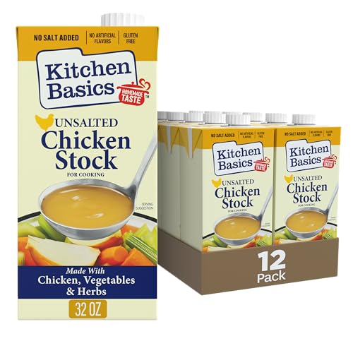 Kitchen Basics Unsalted Chicken Stock, 32 oz. Carton (Pack of 12) Add Delicious Flavor to Chicken Noodle Soup, Broths and Gravy, Perfect for Stocking Up