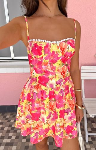 Image of NUFIWI Women Boho Graffiti Cami Mini Dress Spaghetti Strap Printed A Line Short Dress Backless Cut Out Colorful Sundress
