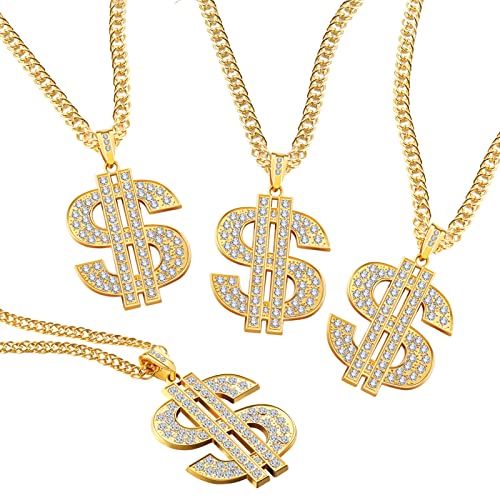 Tatuo 4 pcs fake Dollar Necklace Men gold Dollar Money Chains Hip Hop Chain Necklace Pendant for 70s 80s 90s Costume Accessories
